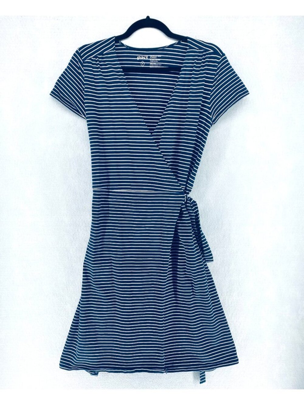 Pact Wrap Dress Womens S Blue Organic Cotton Blend Mini Preppy Costal